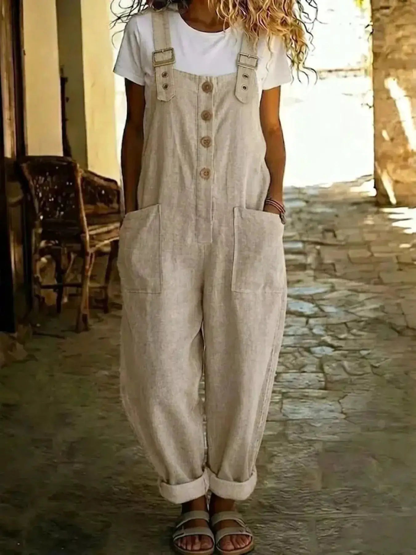Casual Button Front Wide Leg Overalls by Belle Bijouix in beige linen-look fabric with pockets