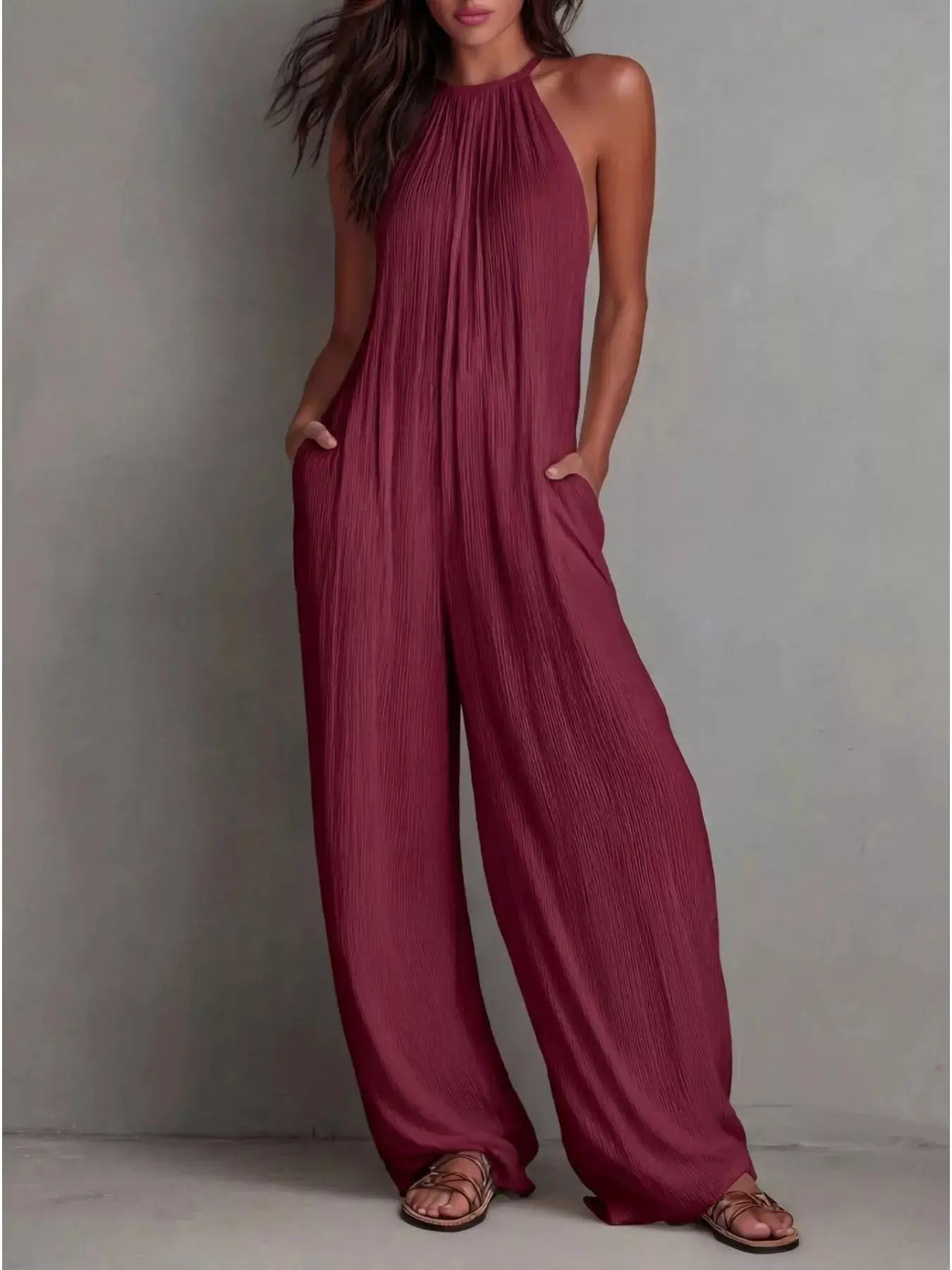 Sleeveless Wide-Leg Jumpsuit in burgundy with pockets and zipper by Belle Bijouix