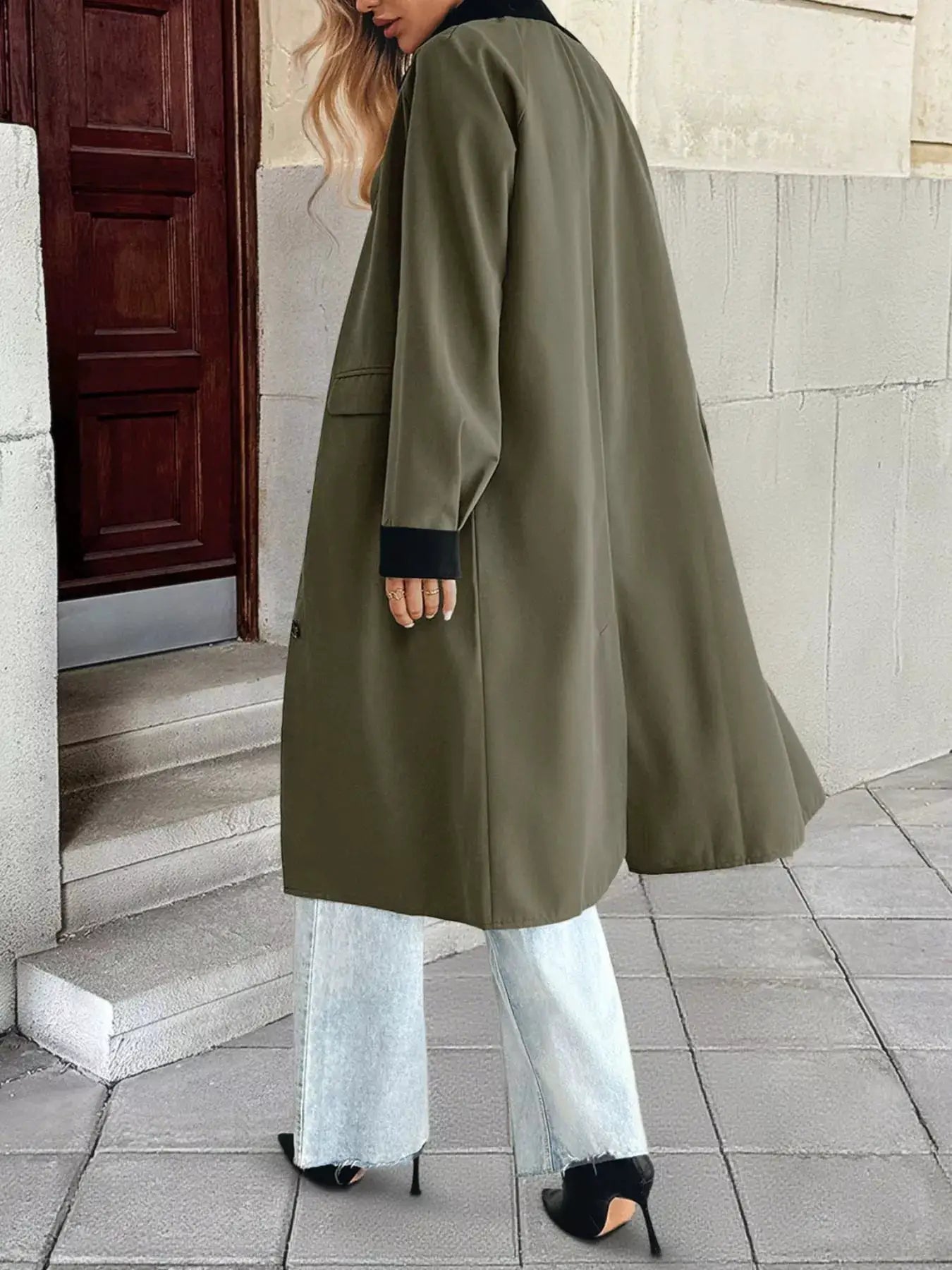Contrast Collar Button Up Coat in olive green with front pockets
