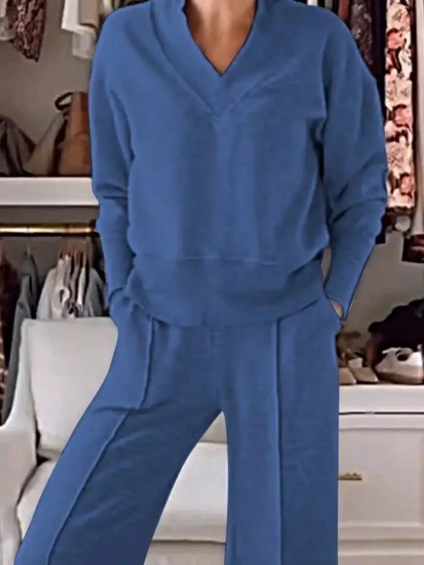 Full Size Cozy V-Neck Top and Pants Set Plus Size blue loungewear with pockets Belle Bijouix