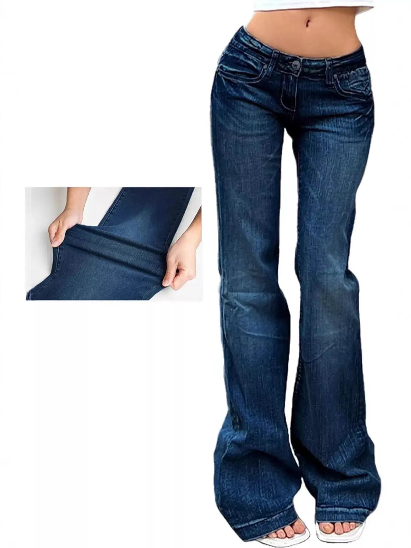 Low Rise Flare Jeans by Belle Bijouix, blue stretch denim with pockets