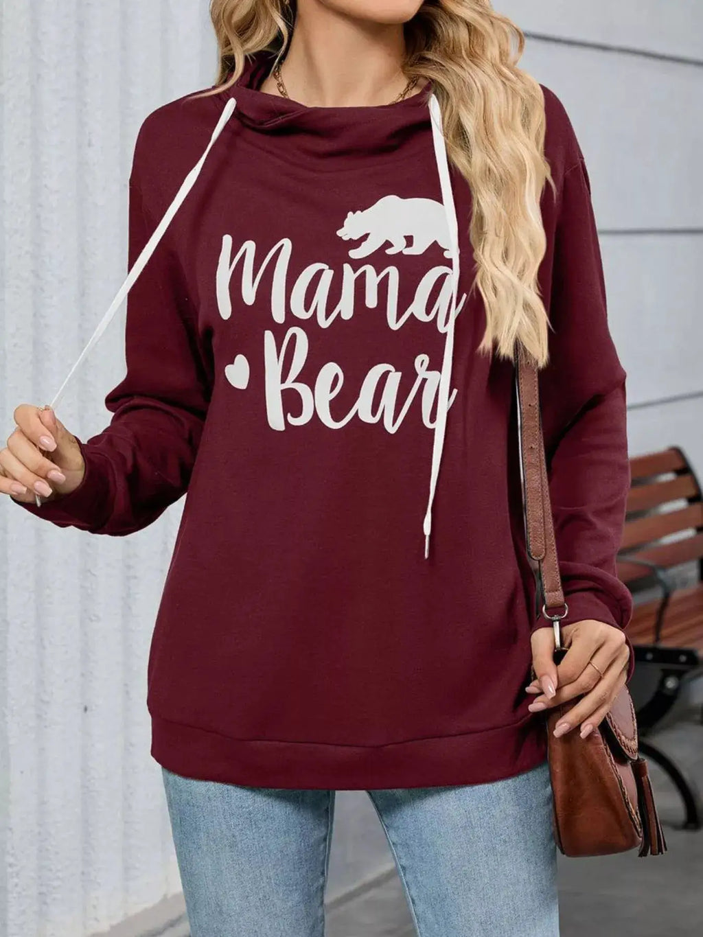 Letter Drawstring Long Sleeve Hoodie in burgundy with white drawstrings and Mama Bear graphic