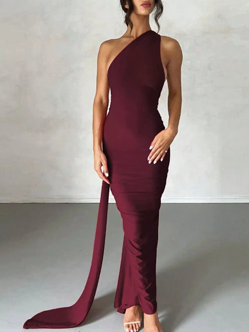Backless One-Shoulder Ruched Bodycon Maxi Dress in burgundy by Belle Bijouix with long draped train