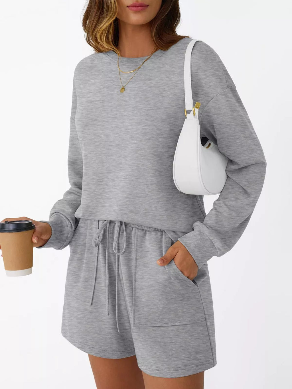 Belle Bijouix gray round-neck long-sleeve top and drawstring shorts set with pockets