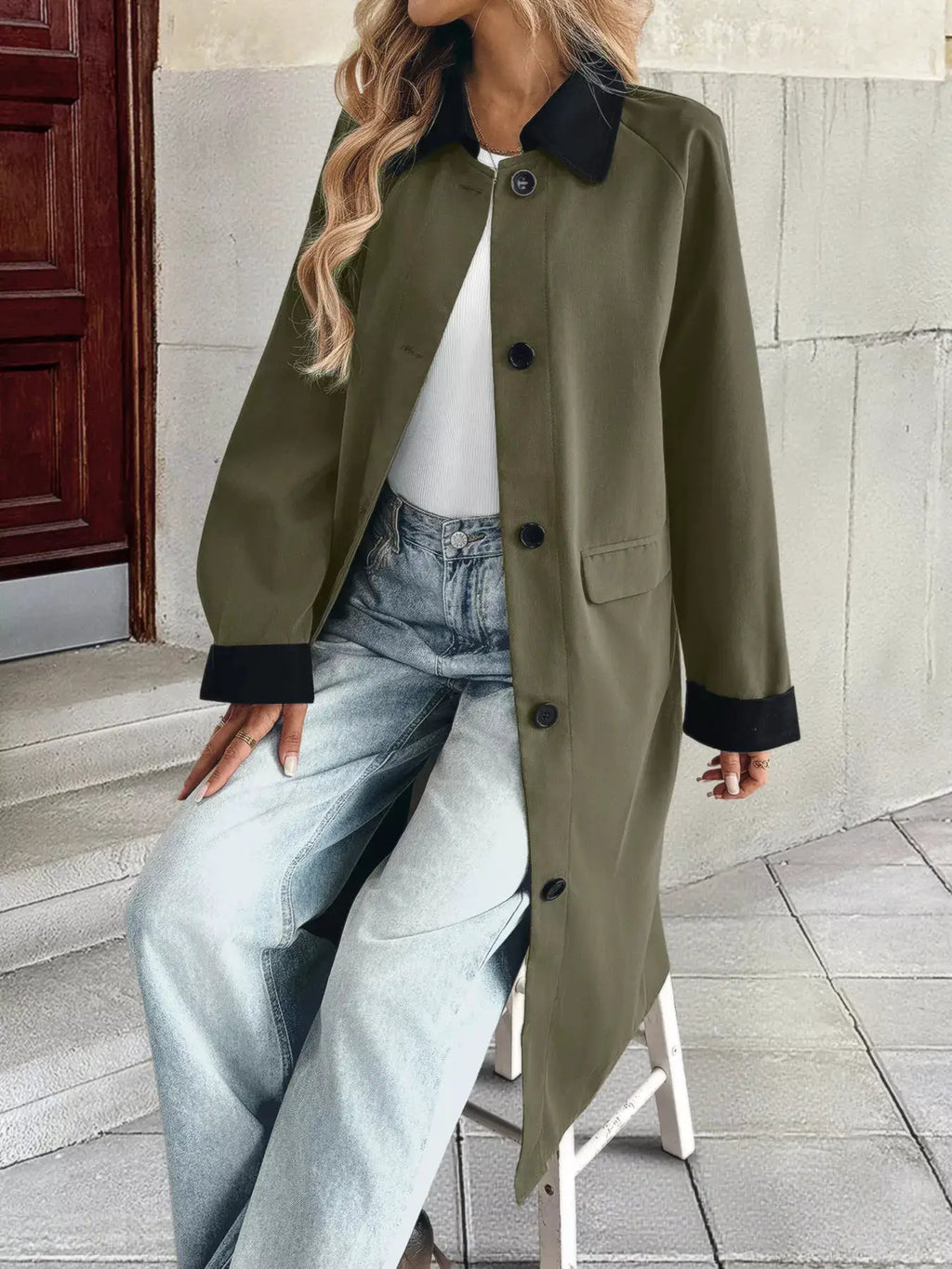 Contrast Collar Button Up Coat in olive green with black collar and cuffs; buttoned front, pocketed.