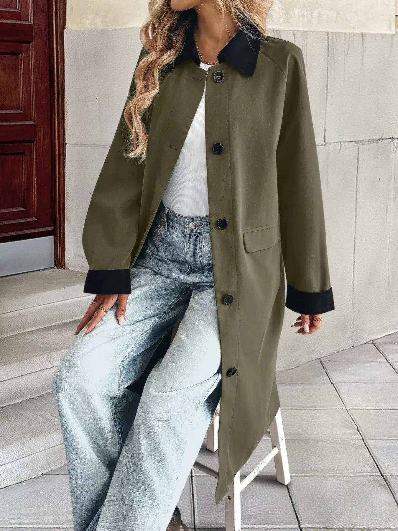 Contrast Collar Button Up Coat in olive green with black collar and cuffs; buttoned front, pocketed.