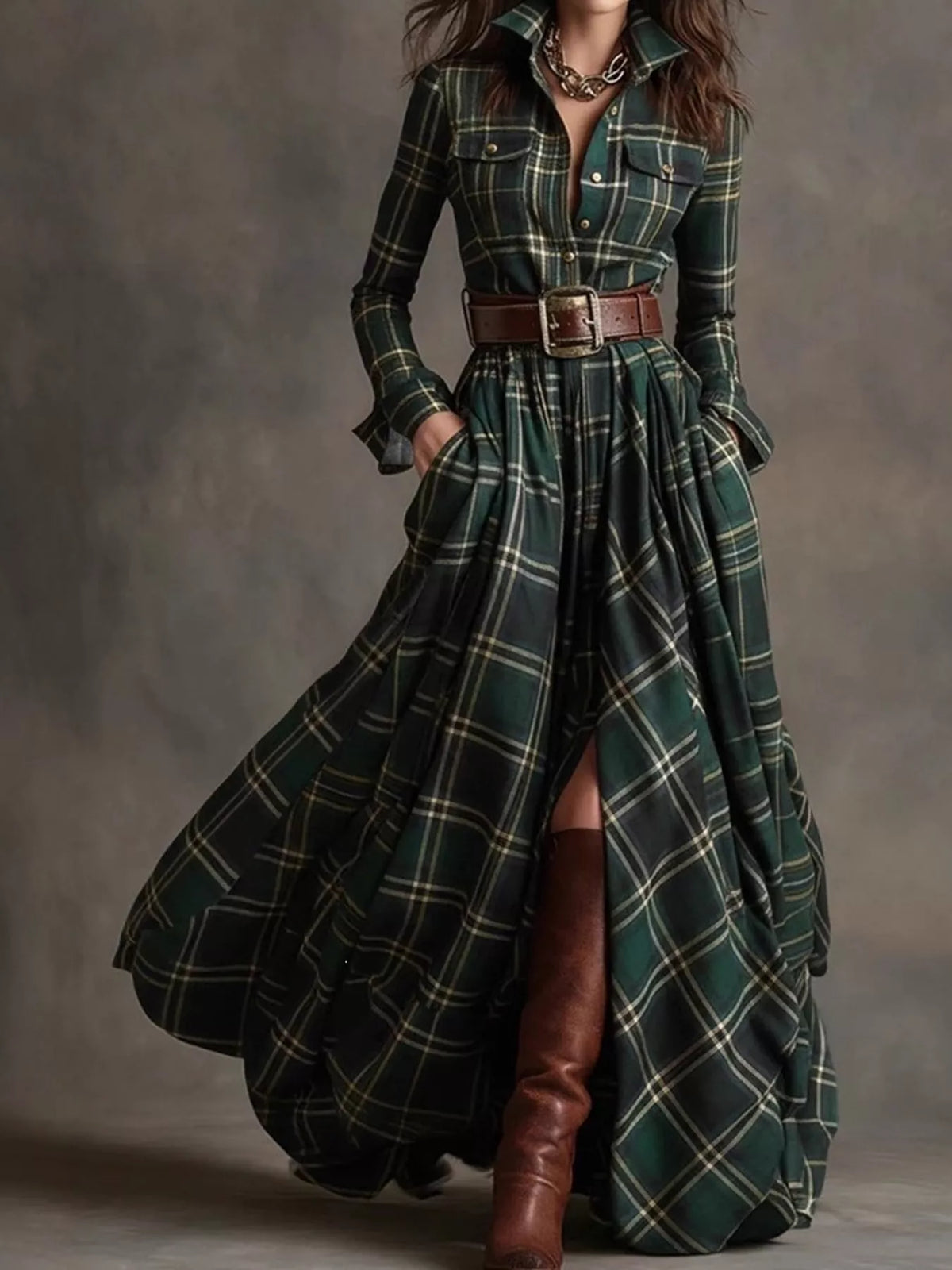 Belted Plaid Button-Down Maxi Shirt Dress in Green Plaid by Belle Bijouix – view 3 of 27