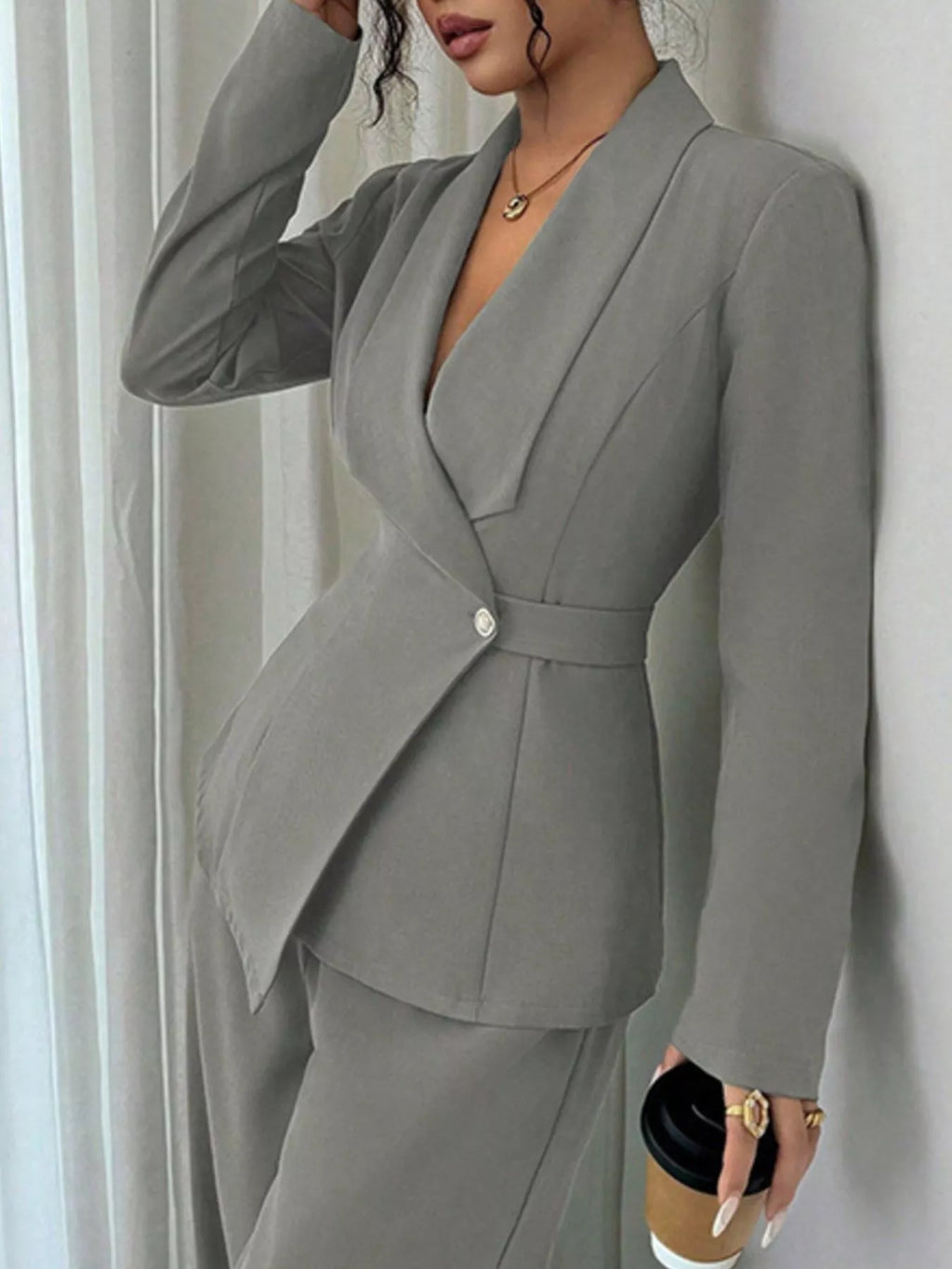 One Button Blazer and Pants Set, gray tailored pantsuit with a buttoned blazer
