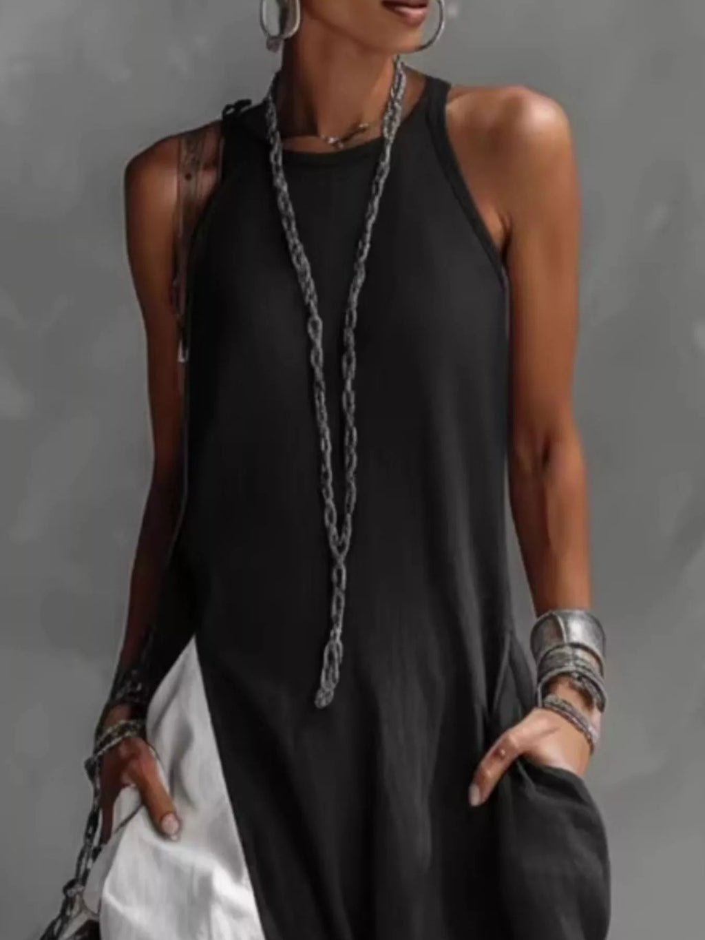 Two-Tone Sleeveless Maxi Dress by Trendsi, black with white side panel