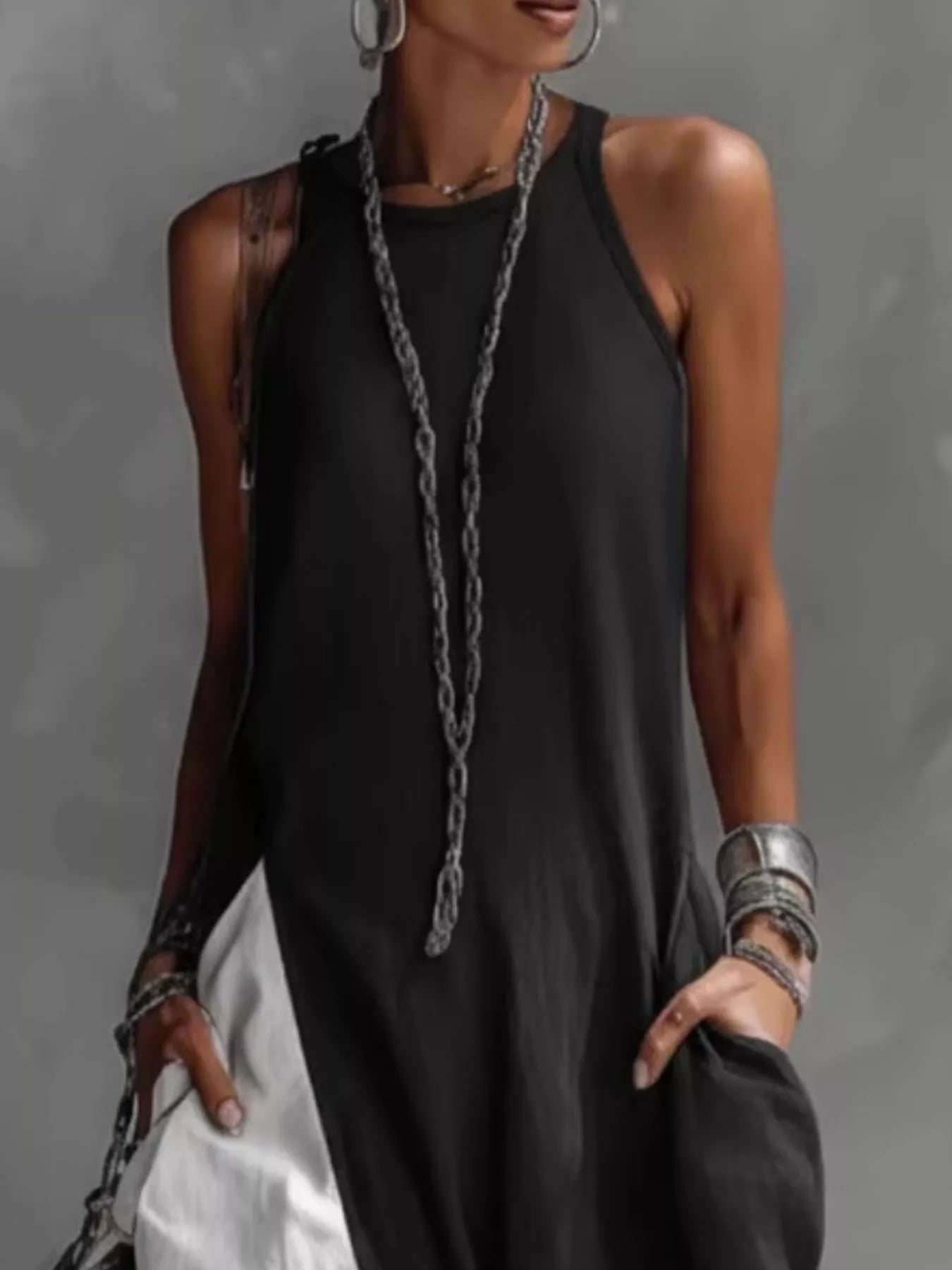 Two-Tone Sleeveless Maxi Dress by Trendsi, black with white side panel
