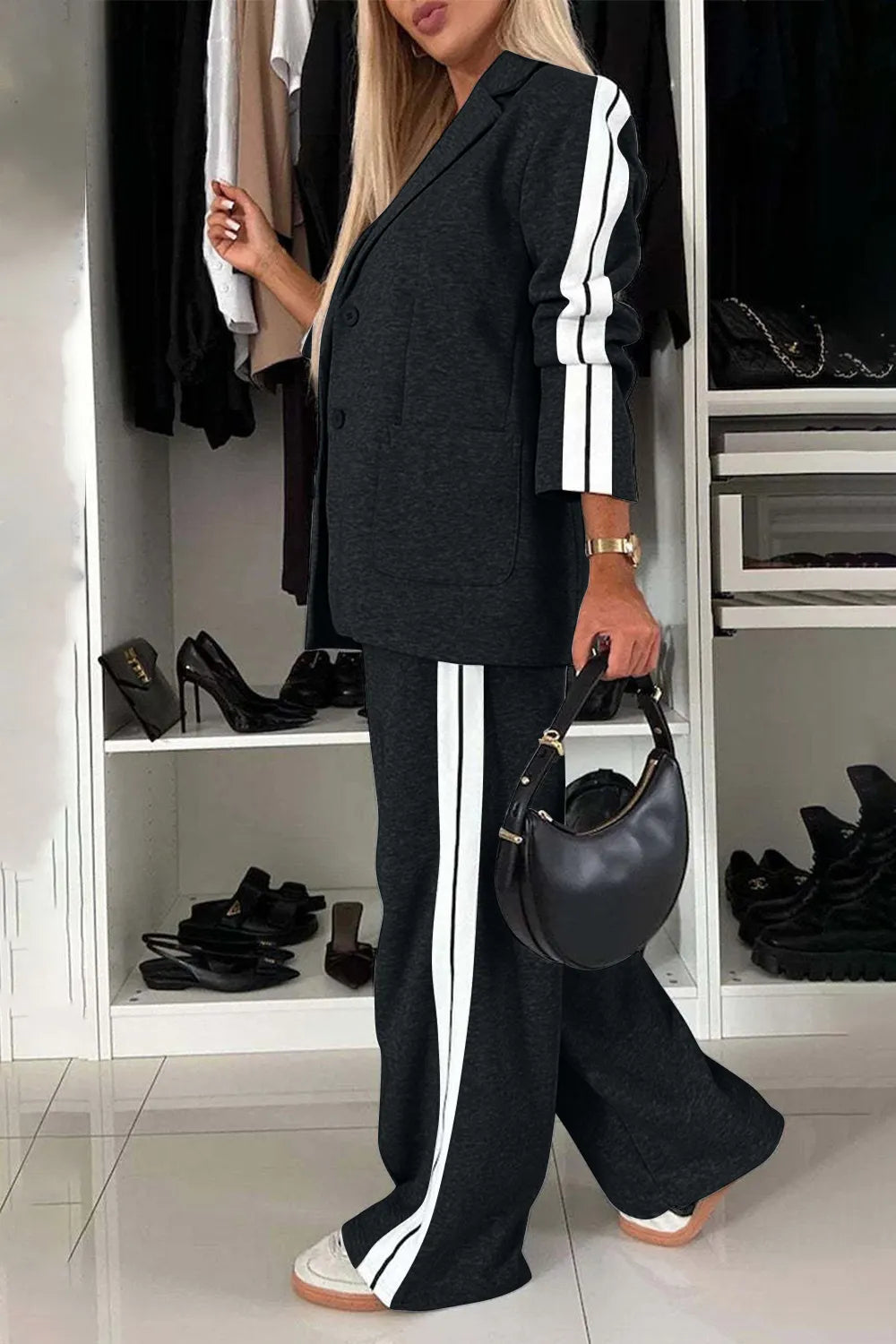 Full Size Contrast Lapel Collar Top and Pants Set by Belle Bijouix in charcoal with white stripes; buttoned, pocketed