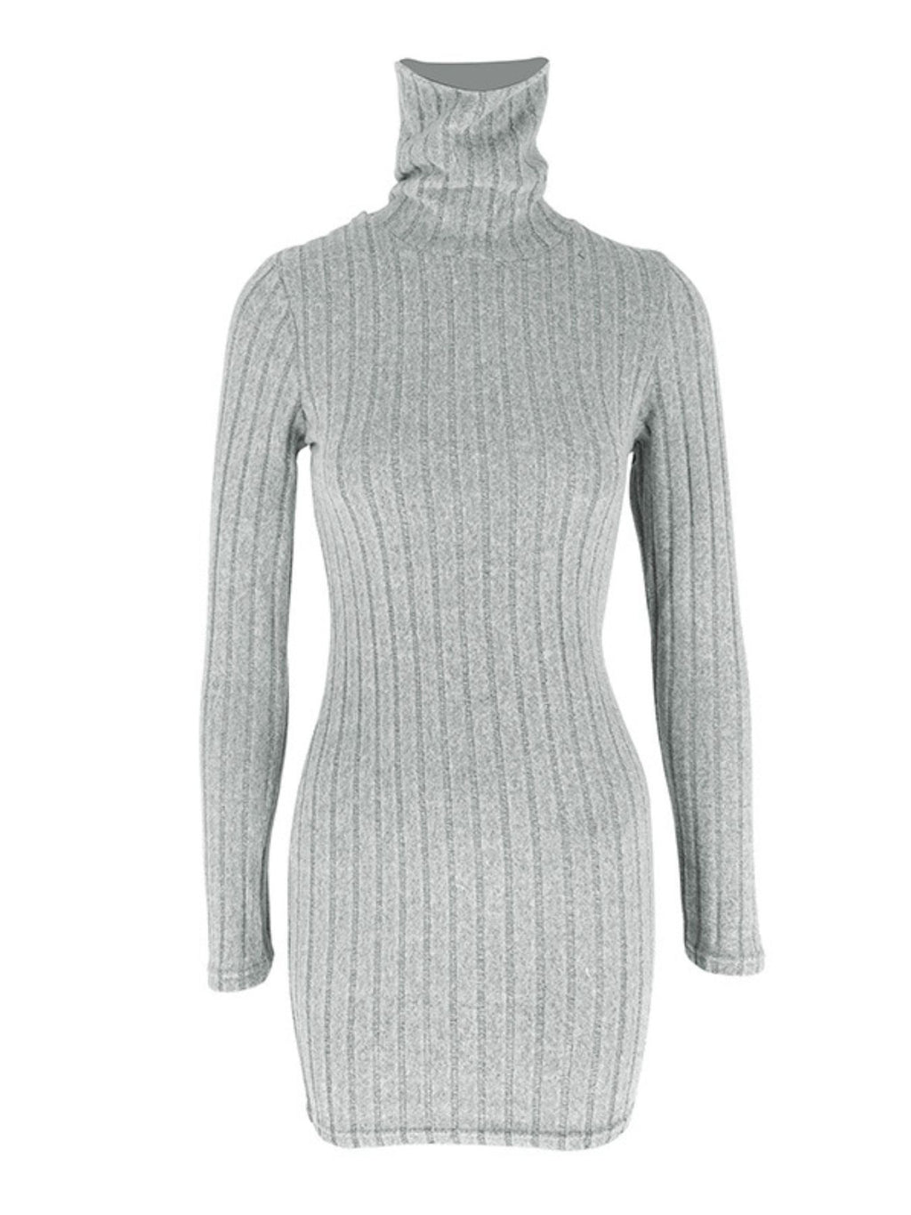 Turtleneck ribbed bodycon mini dress in gray knit by Trendsi, form-fitting silhouette with long sleeves.