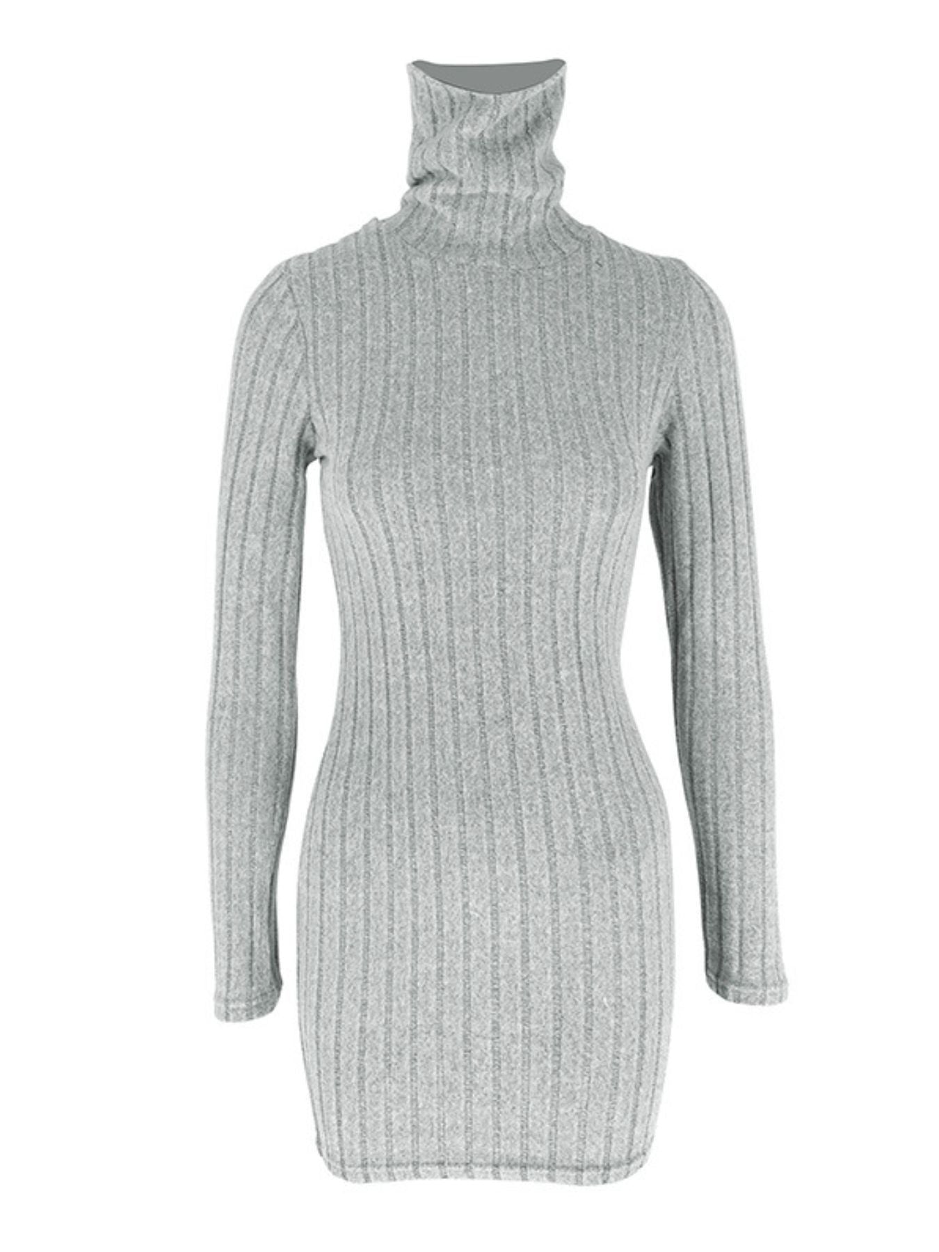 Turtleneck ribbed bodycon mini dress in gray knit by Trendsi, form-fitting silhouette with long sleeves.