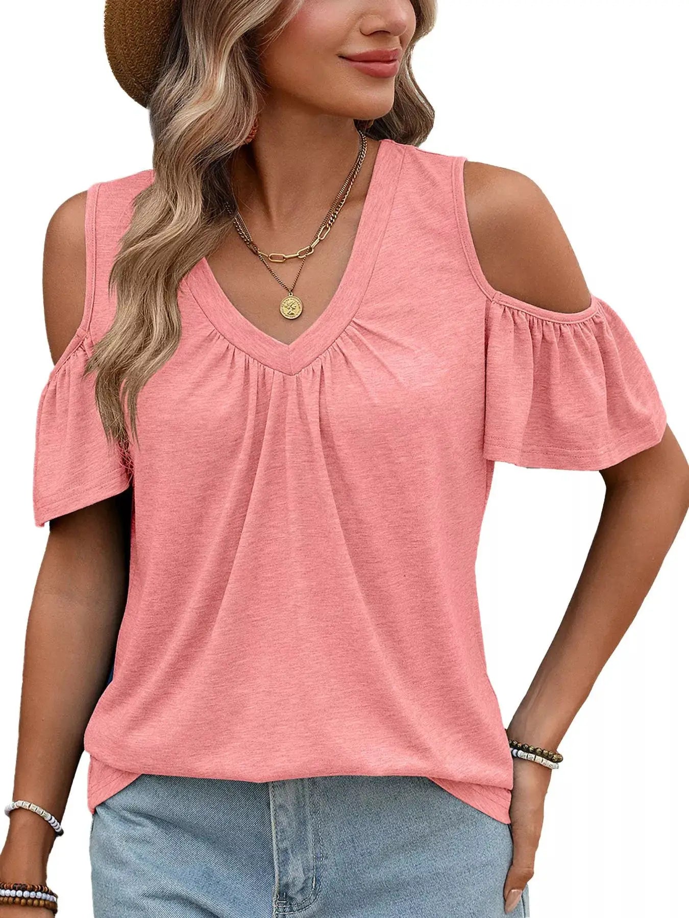 Pink cold-shoulder V-neck T-shirt with gathered front detail.
