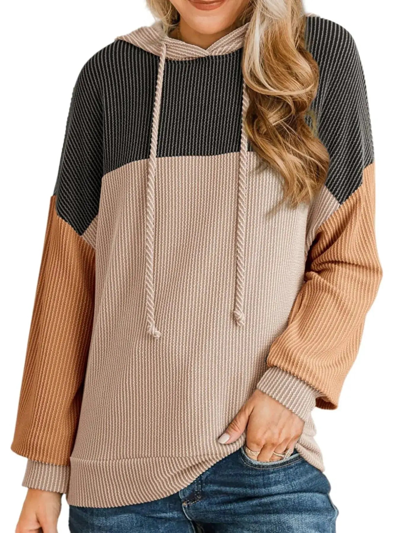 Drawstring color block long sleeve hoodie top with black, beige and camel panels, hood with adjustable ties.