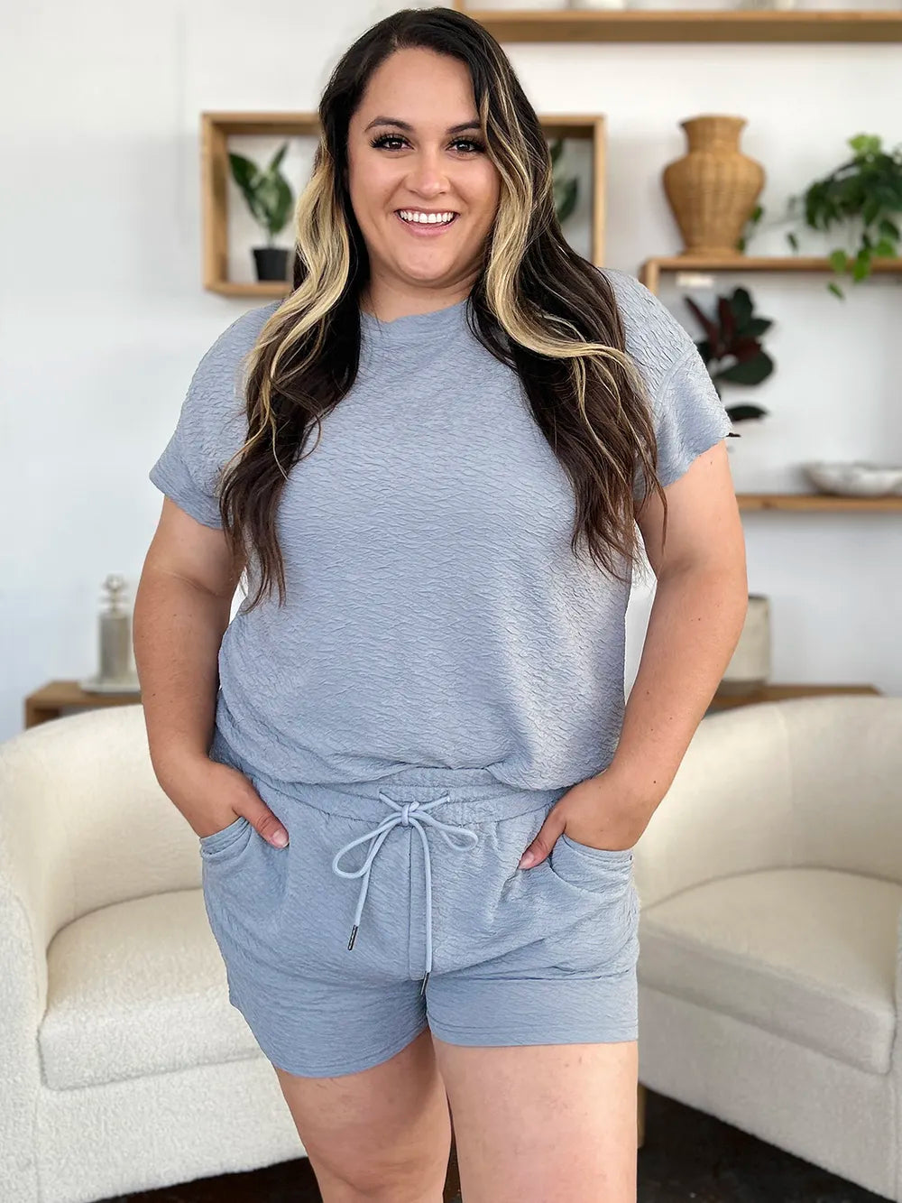 Double Take blue textured short-sleeve tee and drawstring shorts set with pockets by Belle Bijouix active wear