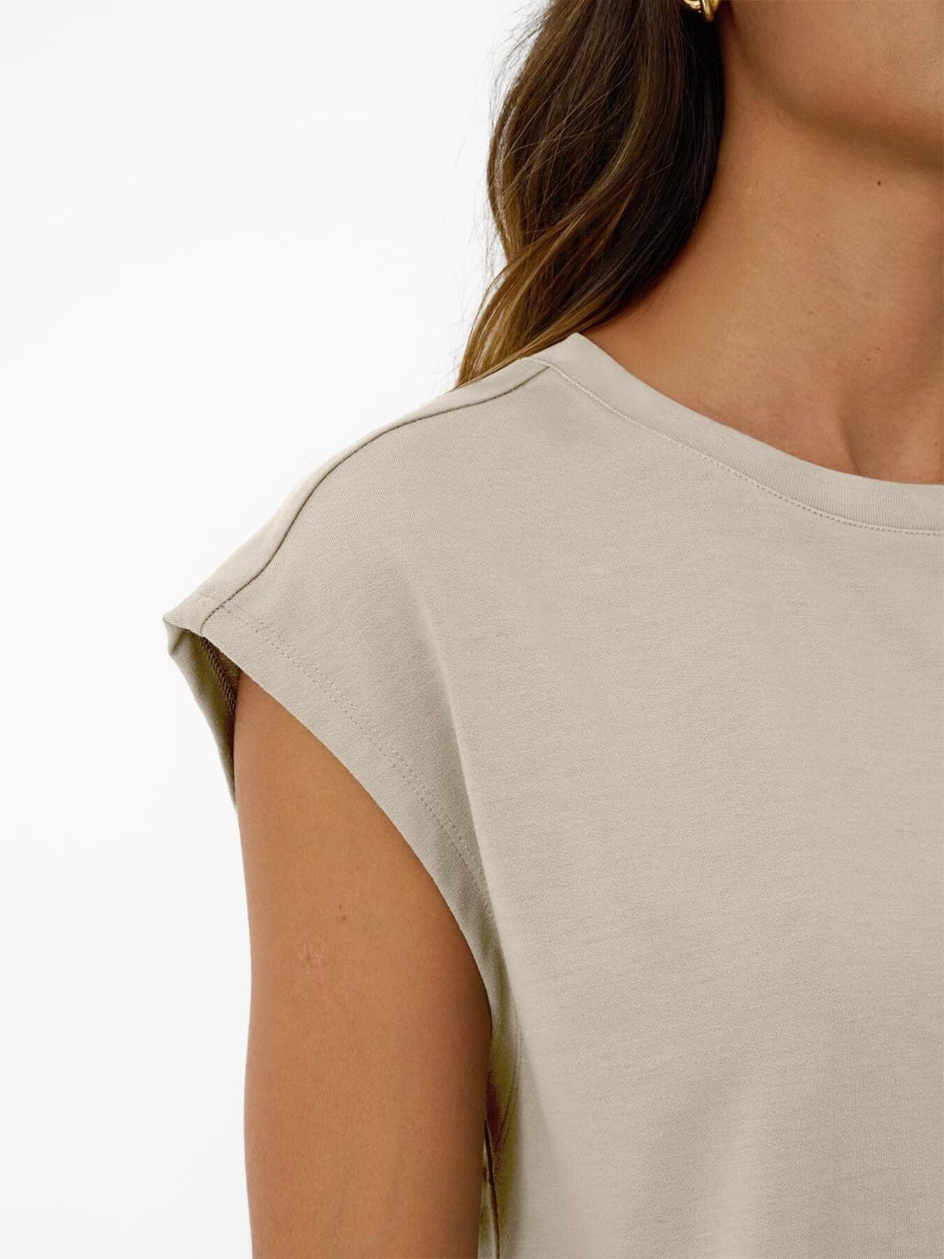 Round neck cap-sleeve top in beige color by Trendsi