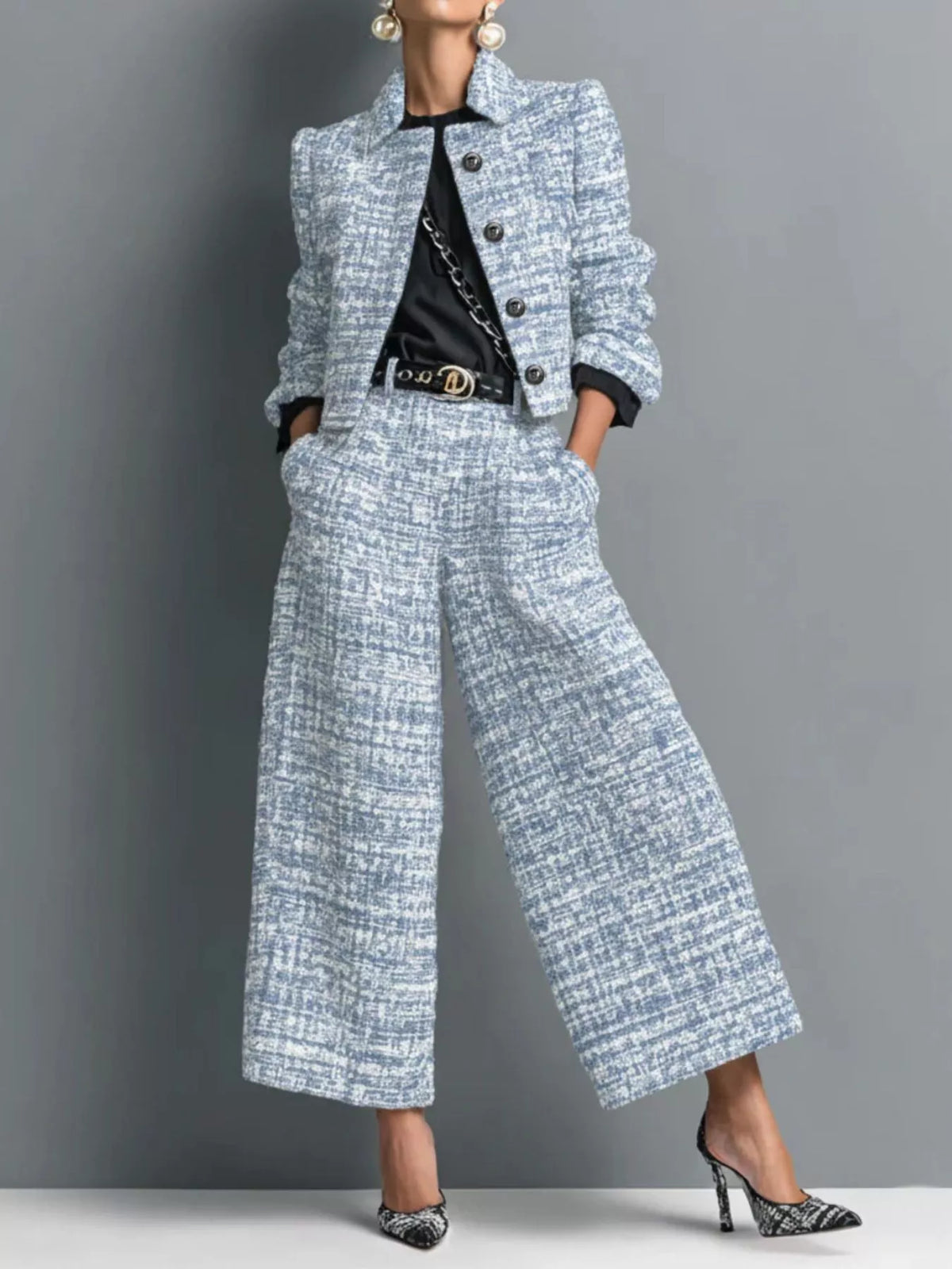 Tweed Cropped Jacket & Wide-Leg Pants Set by Belle Bijouix – view 4 of 7