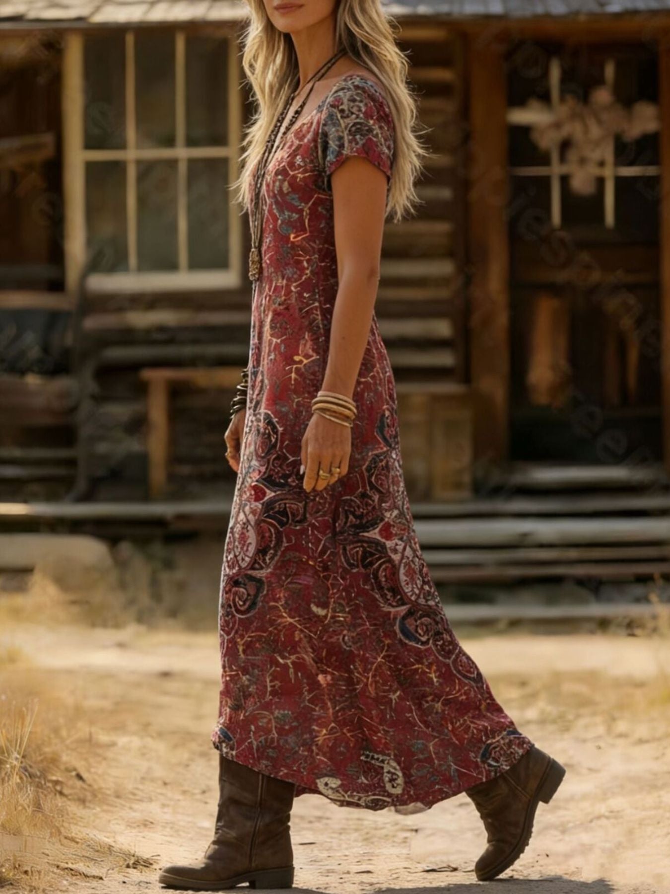 Printed V-Neck Short Sleeve Midi Dress by Trendsi in red paisley print.