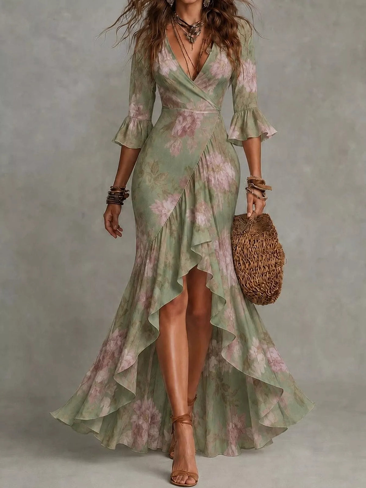 Floral Surplice High-Low Ruffle Maxi Dress in Army Green by Belle Bijouix – view 14 of 20