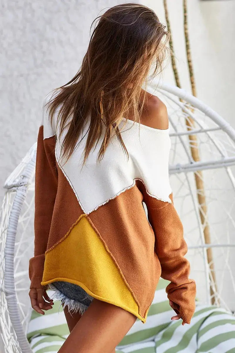 BiBi Color Block Geometric Sweater top in white, orange, and yellow blocks