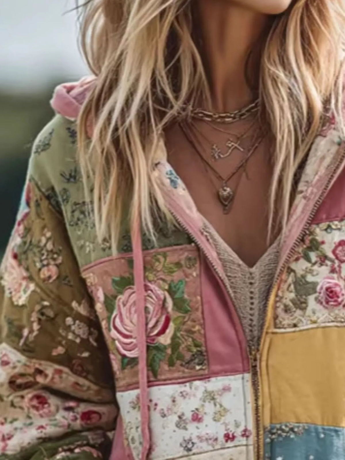 Drawstring Floral Zip-Up Sweatshirt