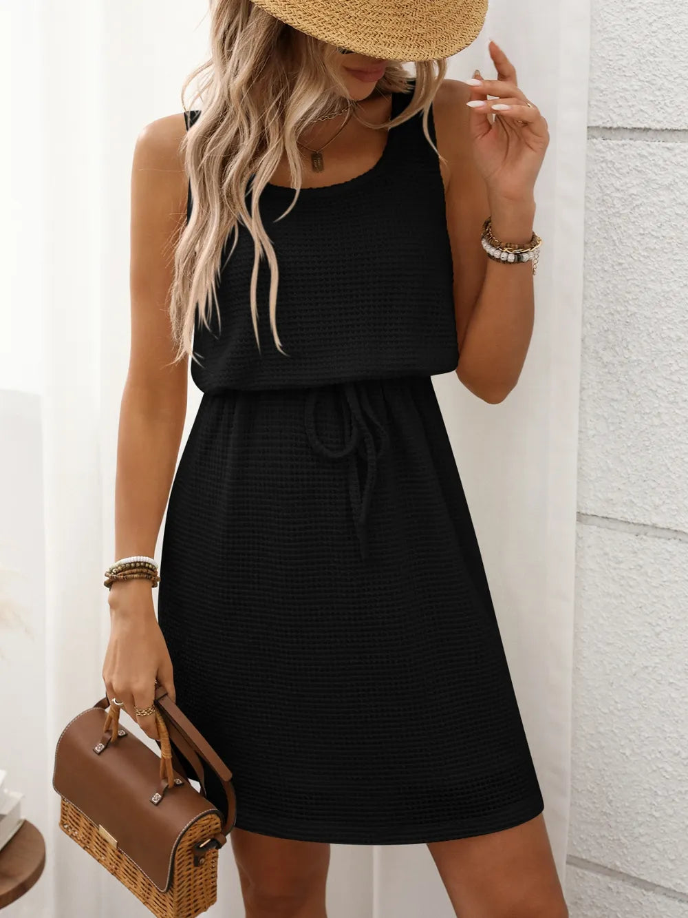 Waffle-Knit Drawstring Mini Tank Dress in black, sleeveless with waist tie