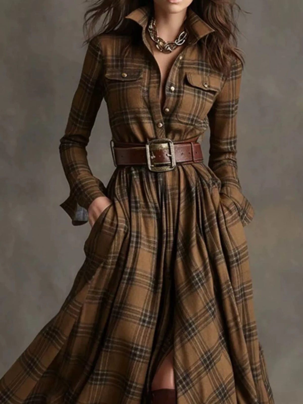 Belted Plaid Button-Down Maxi Shirt Dress in Khaki Plaid by Belle Bijouix – view 6 of 27