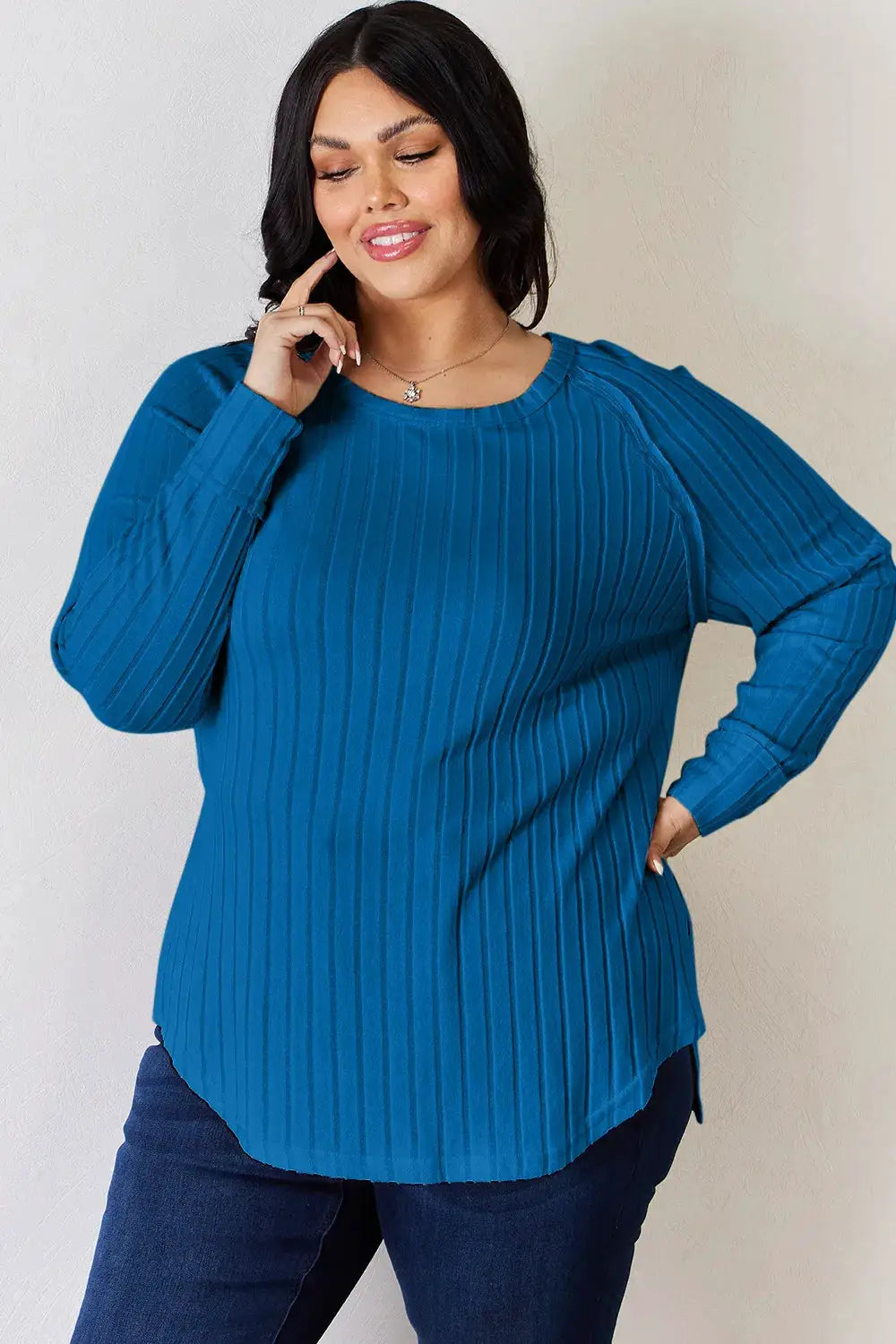 Basic Bae ribbed round-neck blue T-shirt with side slit
