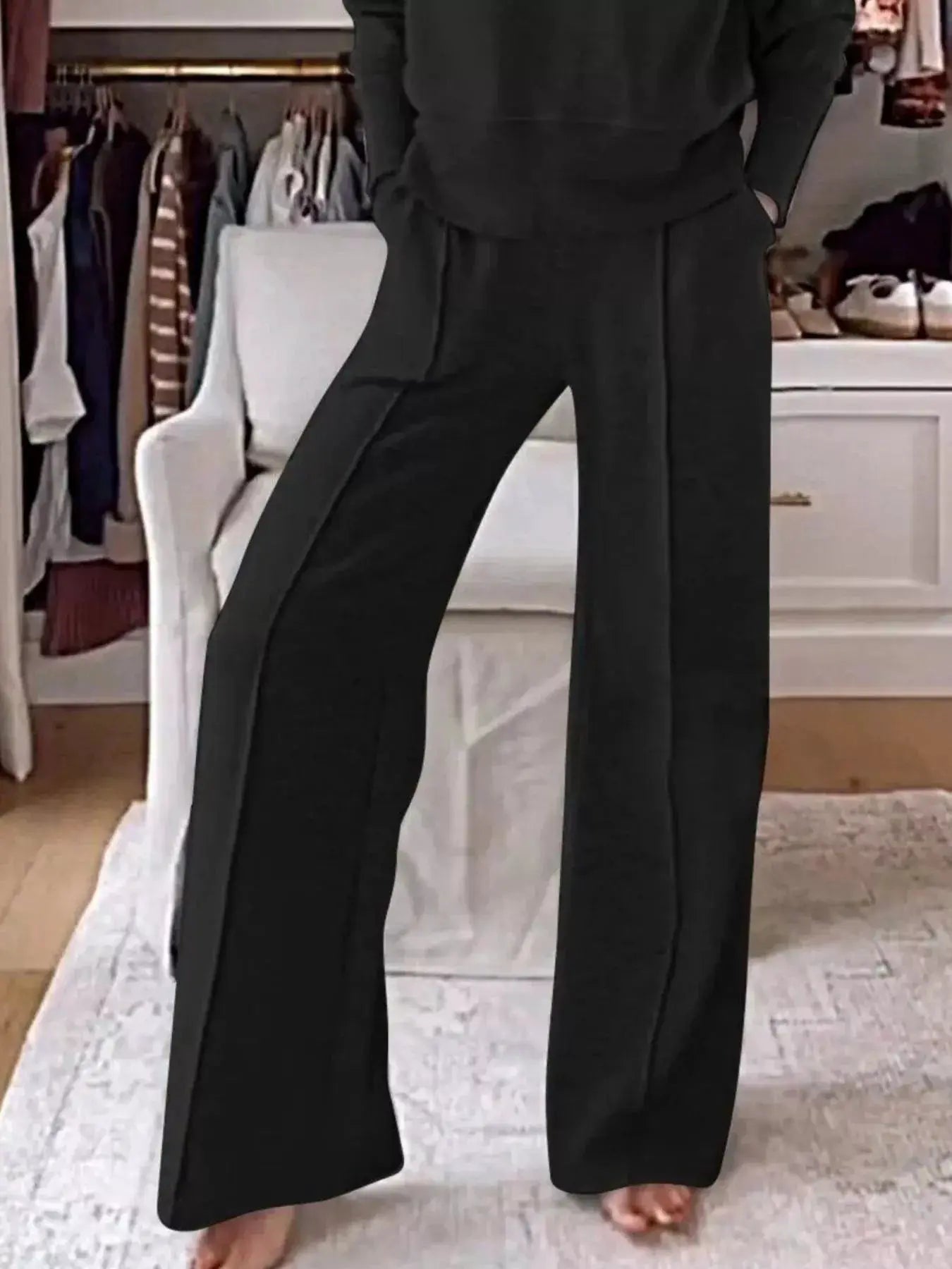 Belle Bijouix plus-size cozy v-neck top and pants set in black loungewear with pockets
