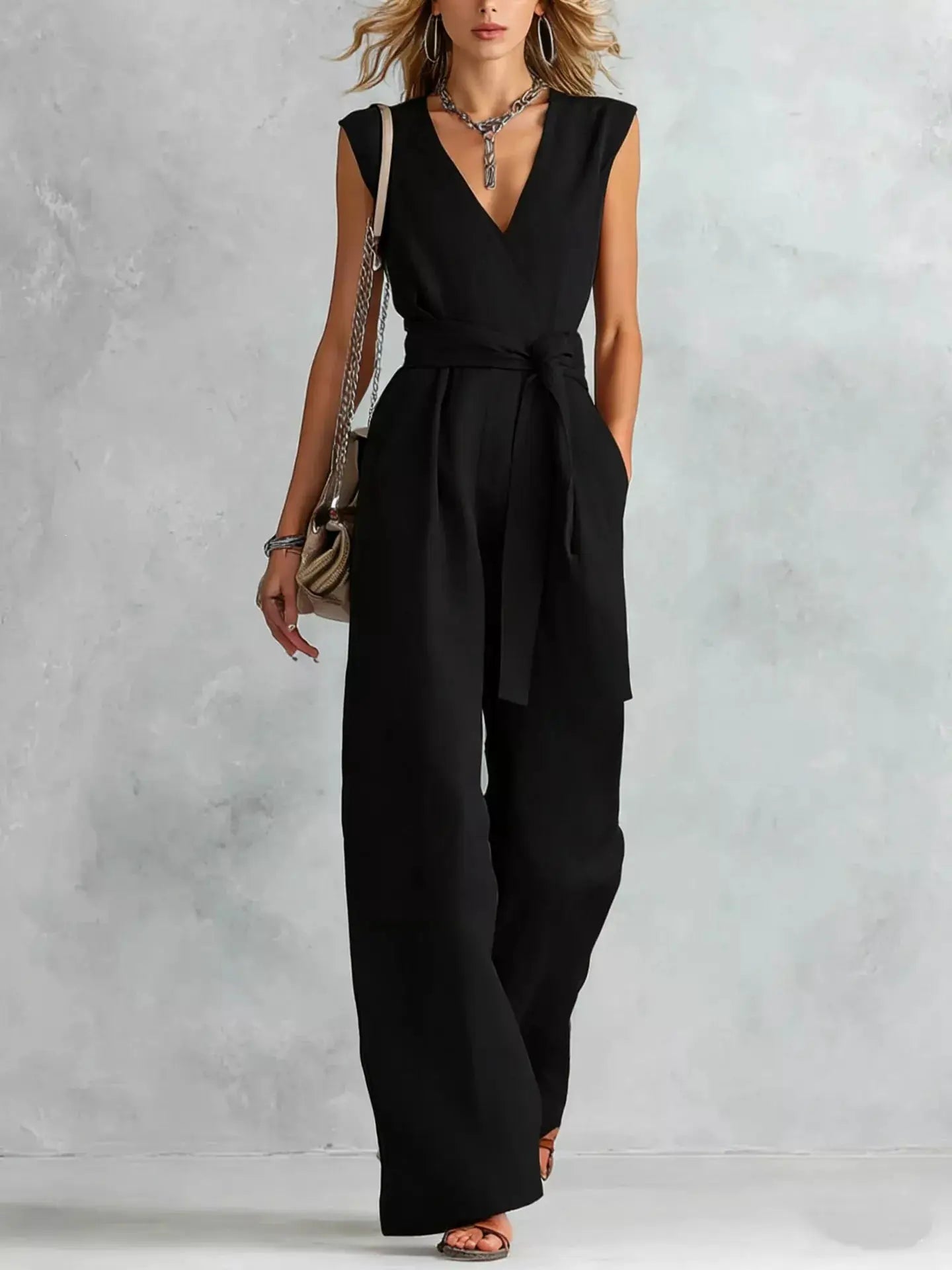 Sleeveless wide-leg black jumpsuit with a tied belt at the waist.