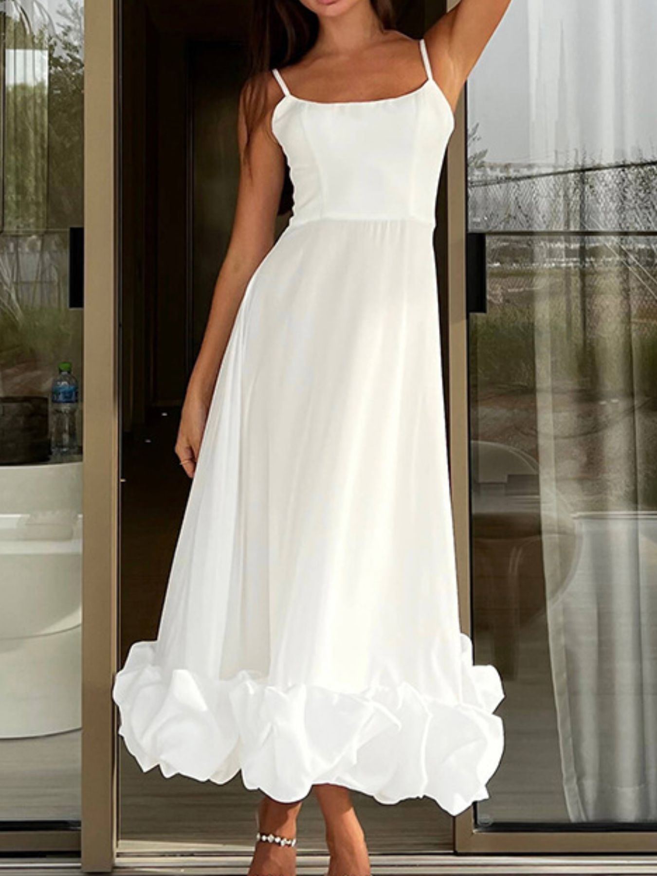 Ruffle Hem Scoop Neck Midi Dress in white with a dramatic ruffled hem