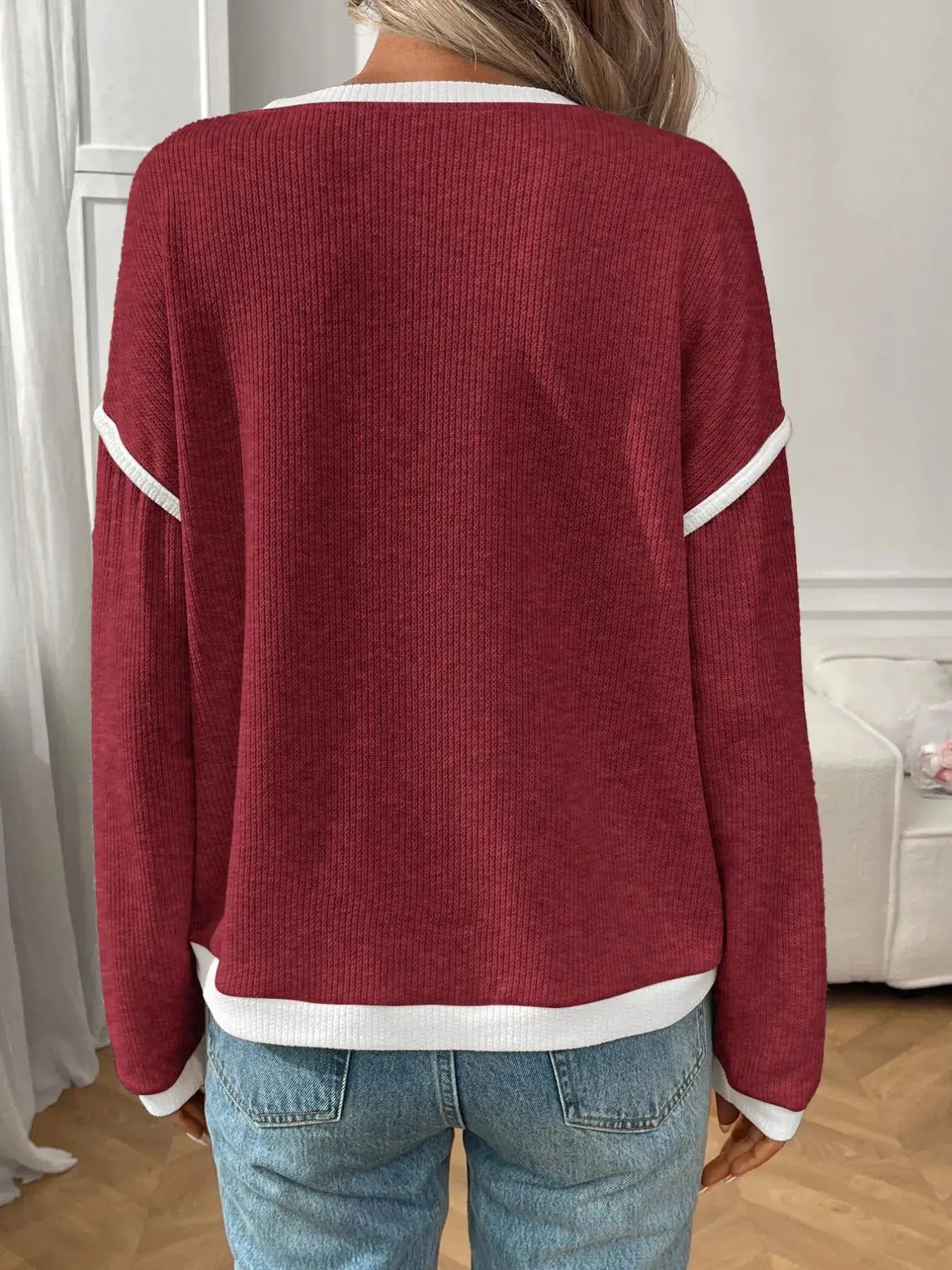 Ribbed contrast-trim long-sleeve top in burgundy with white cuffs and hem, back view