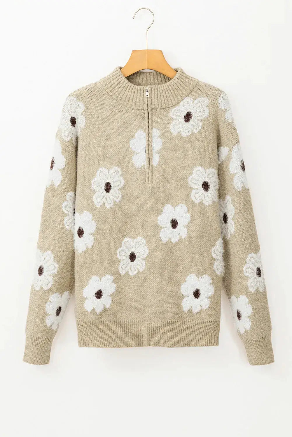 Flower half-zip long-sleeve sweater in beige knit with white daisy floral pattern.