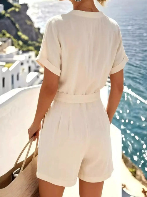 Button Down Shirt and Shorts Set in cream-beige with belted waist and rolled sleeves