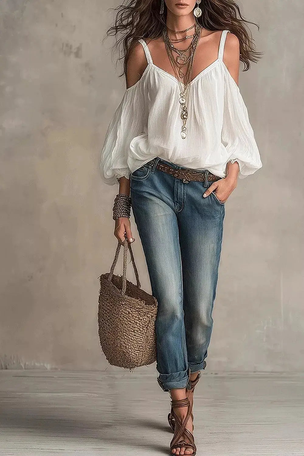 Cold Shoulder Balloon Sleeve Blouse by Trendsi, white airy fabric