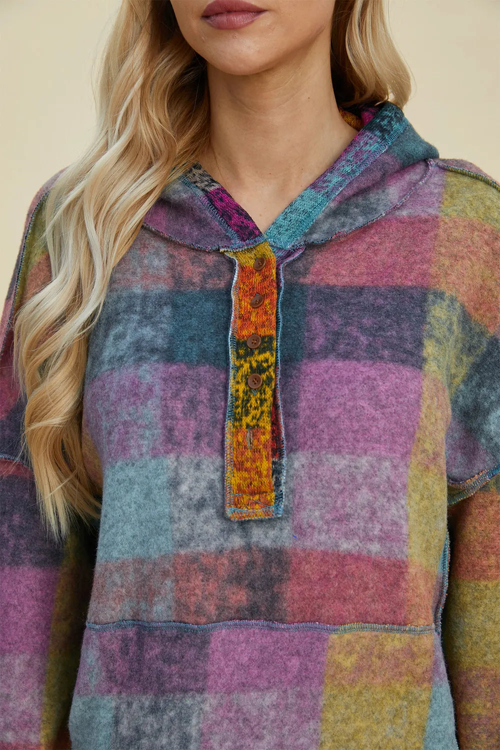 Hoodie fleece in bold multicolor plaid with dropped shoulders and front button placket