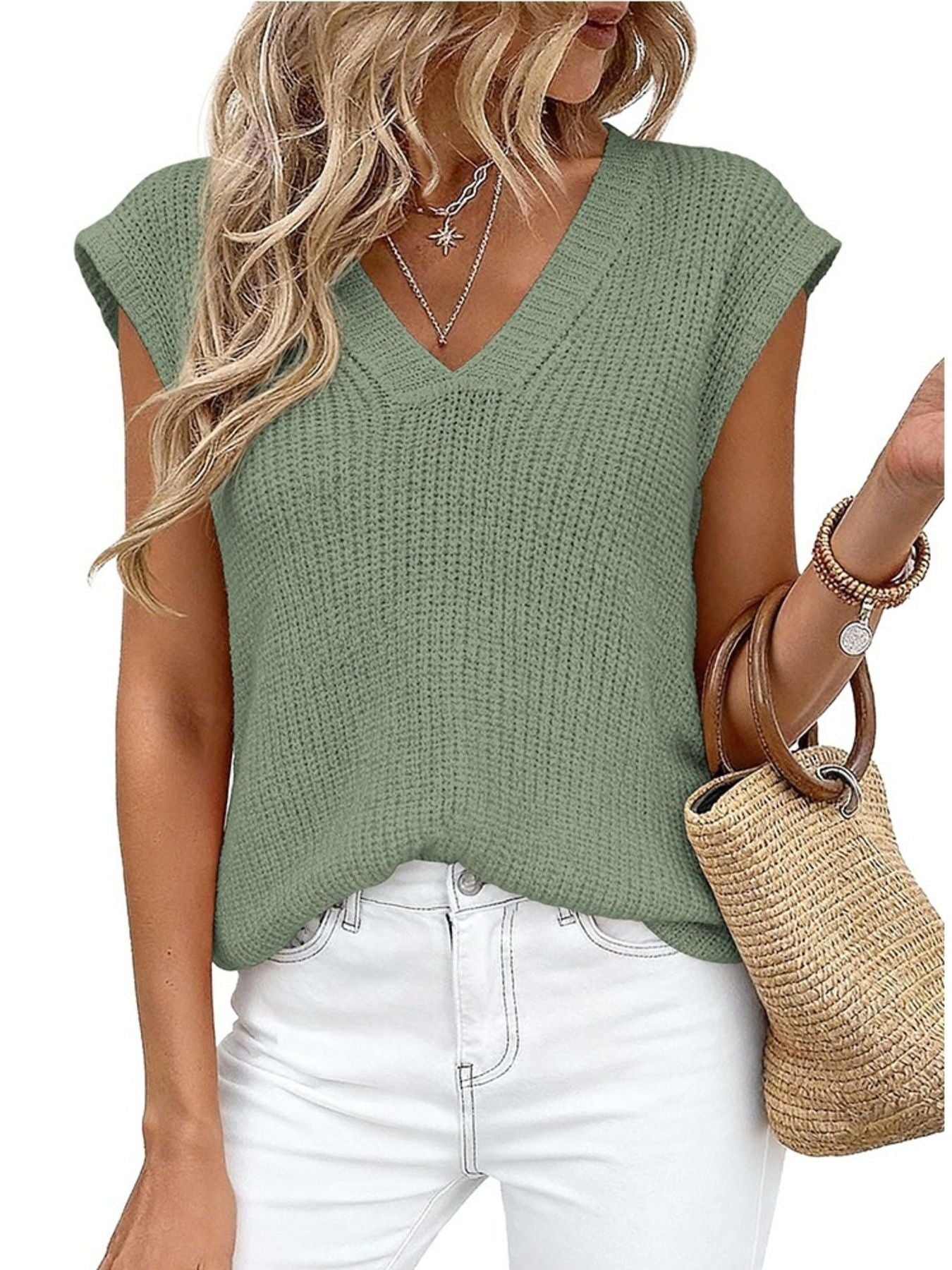 Trendsi V-Neck Sweater Vest in sage green knit with white jeans and woven straw bag