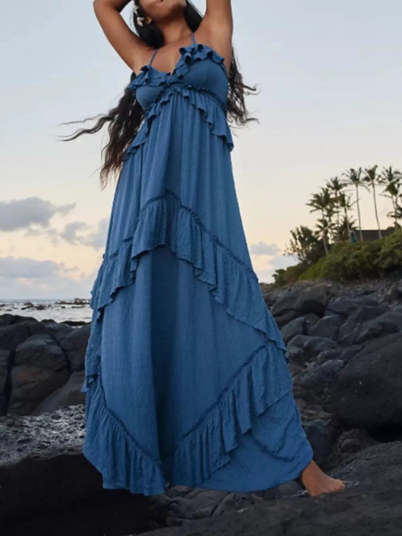 Ruffled halter neck maxi dress by Belle Bijouix in blue with tiered ruffles