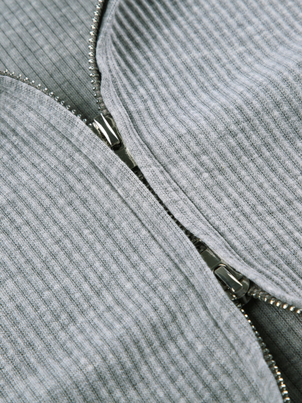 Ribbed knit hoodie top in heather gray with zipper detail
