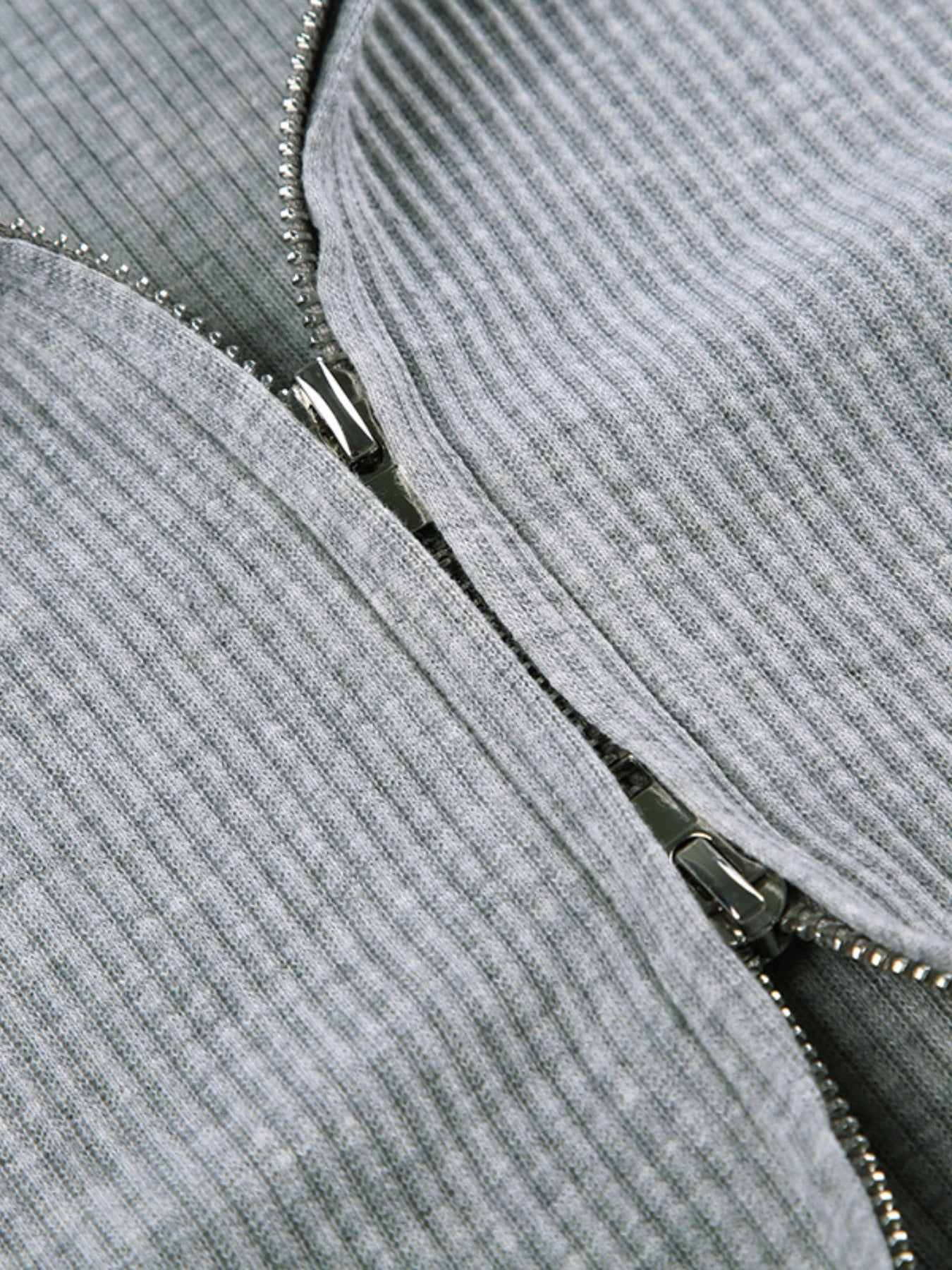 Ribbed knit hoodie top in heather gray with zipper detail