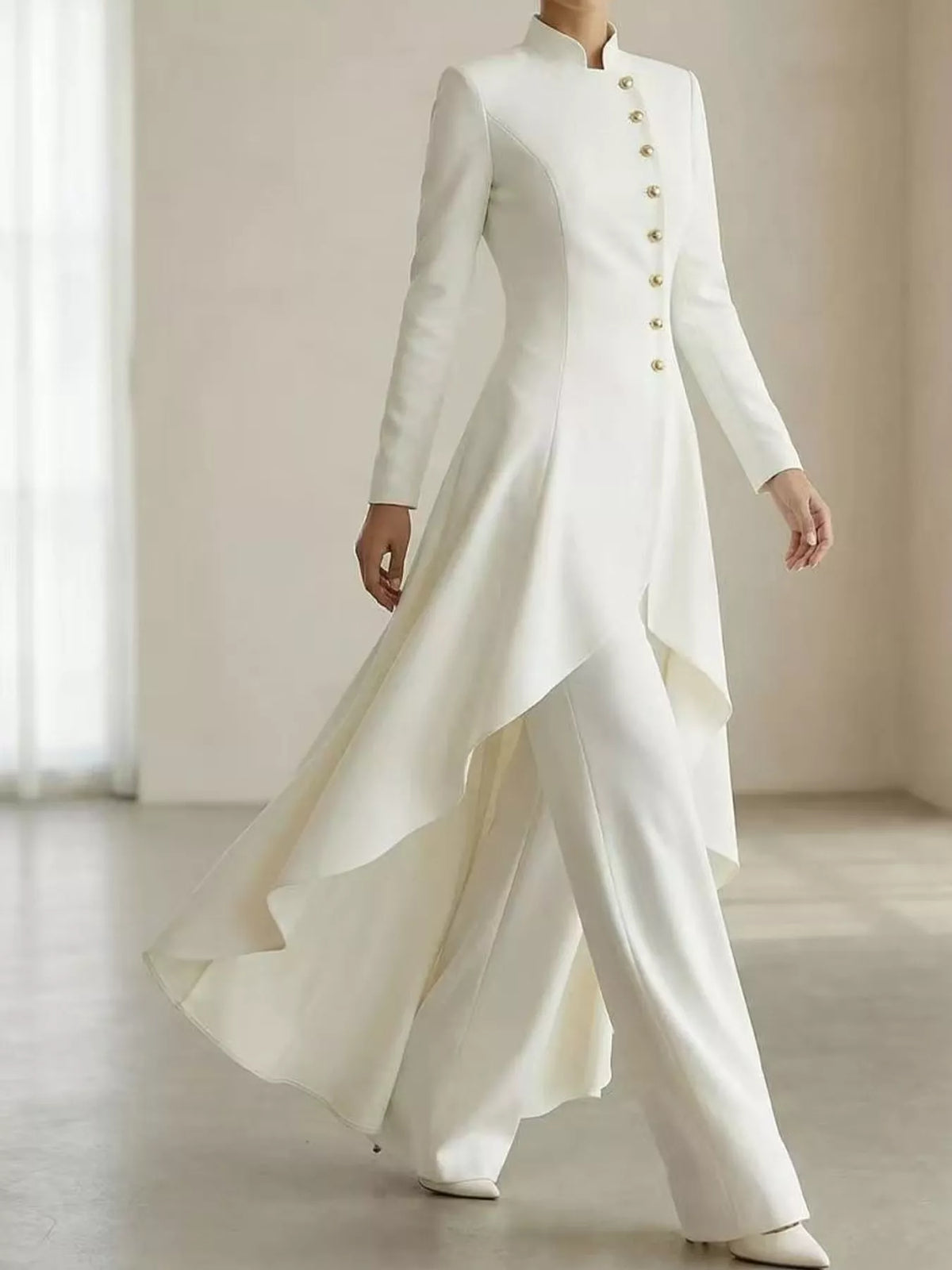 Ruffled High-Low Button Tunic & Wide-Leg Pants Set in White by Belle Bijouix – view 6 of 82