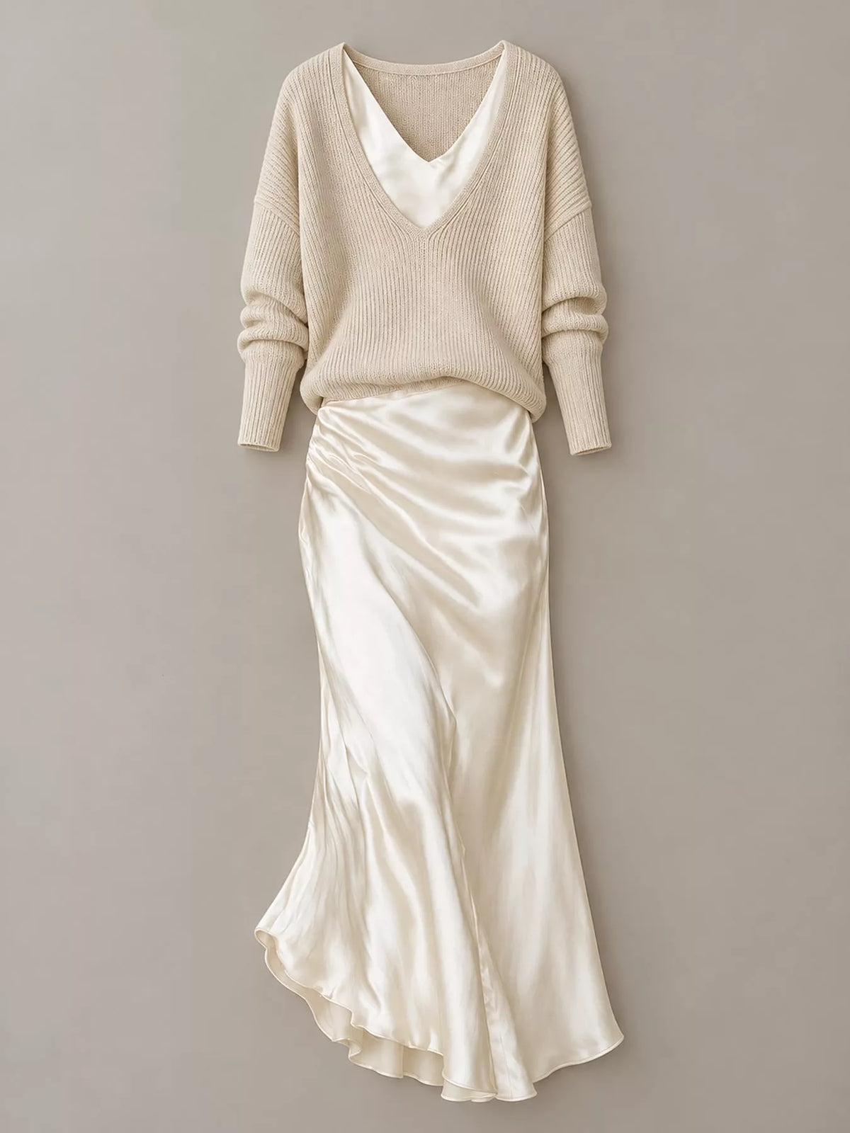 V-Neck Sweater & Satin Slip Maxi Dress Set in Apricot by Belle Bijouix – view 12 of 41