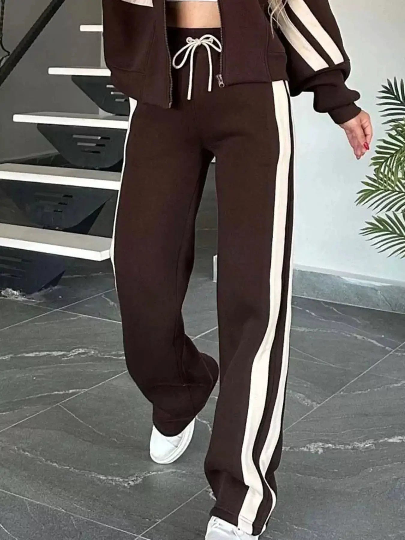 Full-size striped zip-up outerwear and pants two-piece set in brown with white side stripes