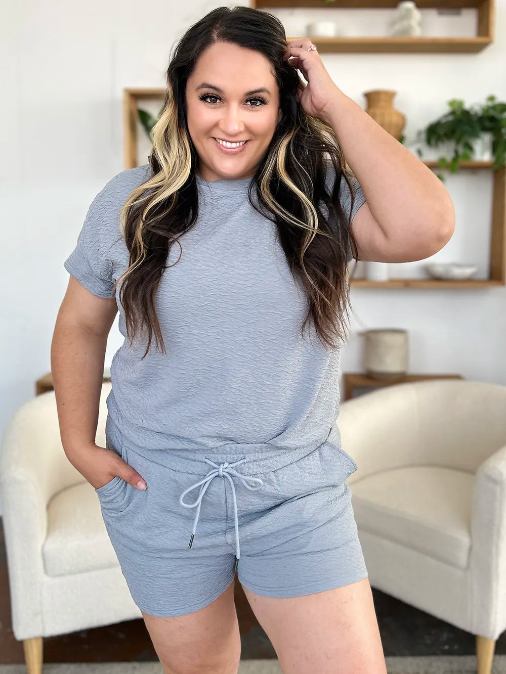 Double Take textured short sleeve T-shirt and drawstring shorts set in light blue, pocketed sleepwear