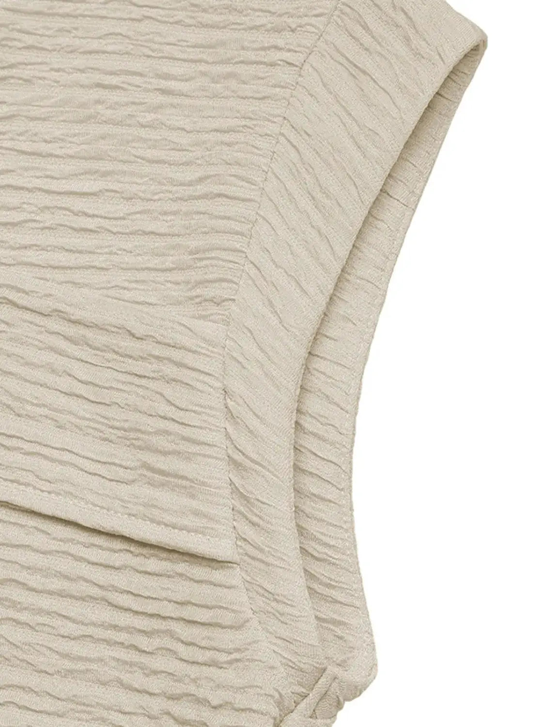 Asymmetrical Short Sleeve Top in beige textured fabric, lightweight and versatile
