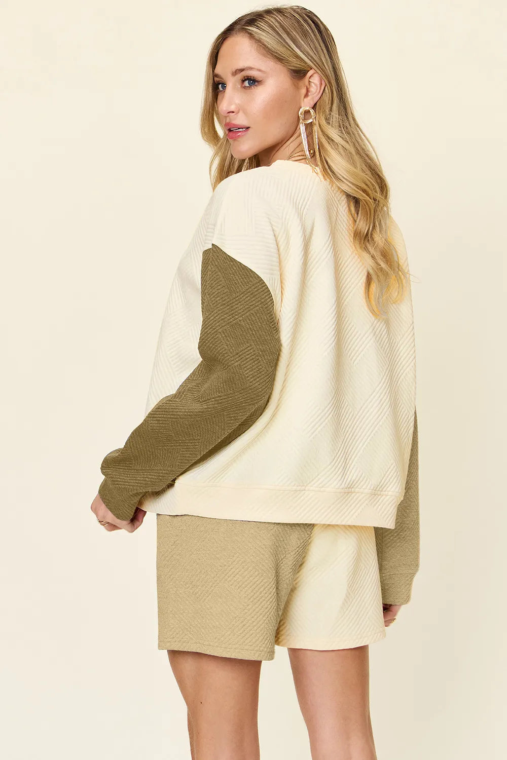 Double Take full-size contrast drop-shoulder top and shorts sleepwear set, cream and olive, pocketed top
