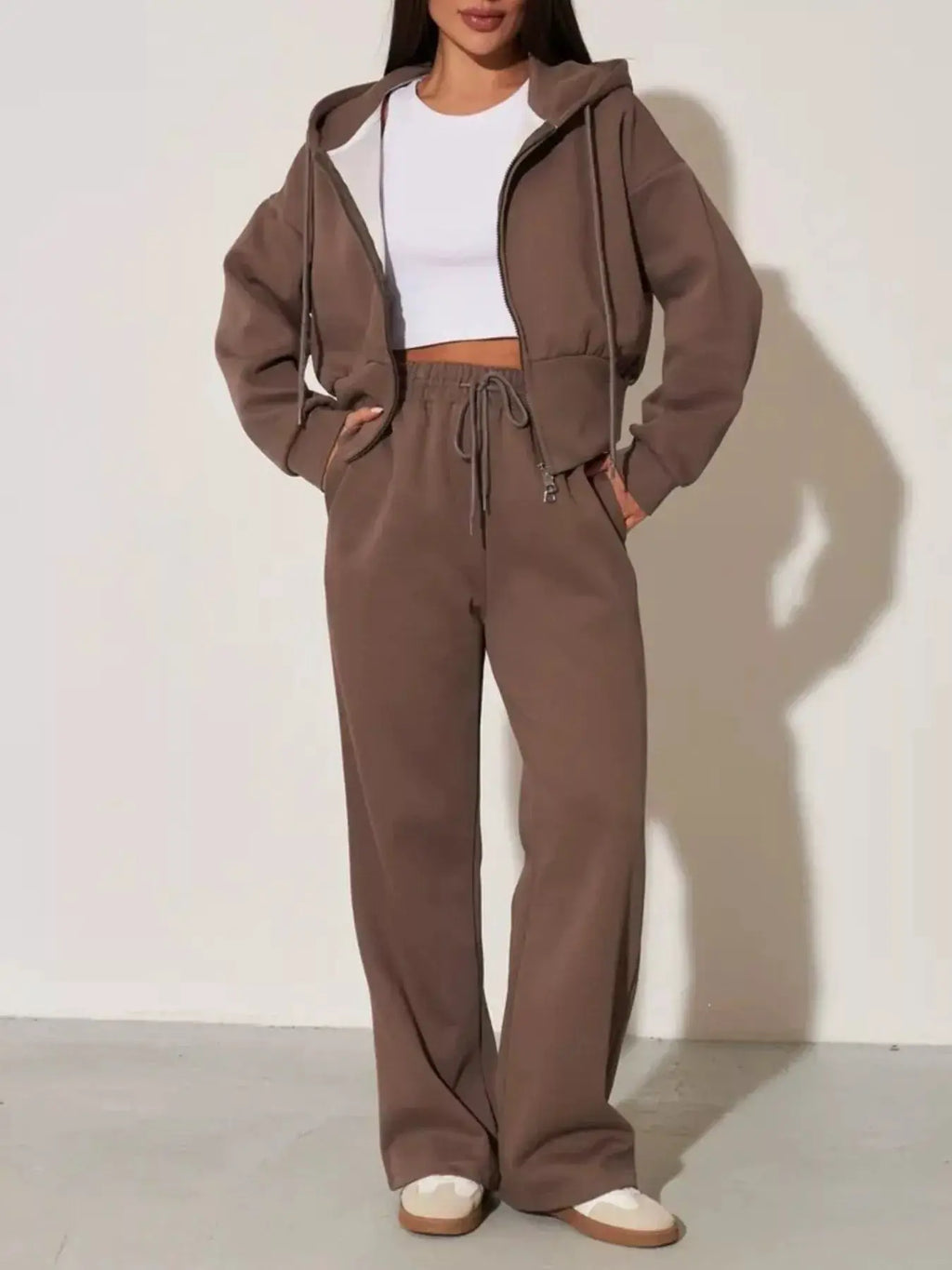Zip-Up Hoodie & Wide-Leg Lounge Set in taupe with white crop top
