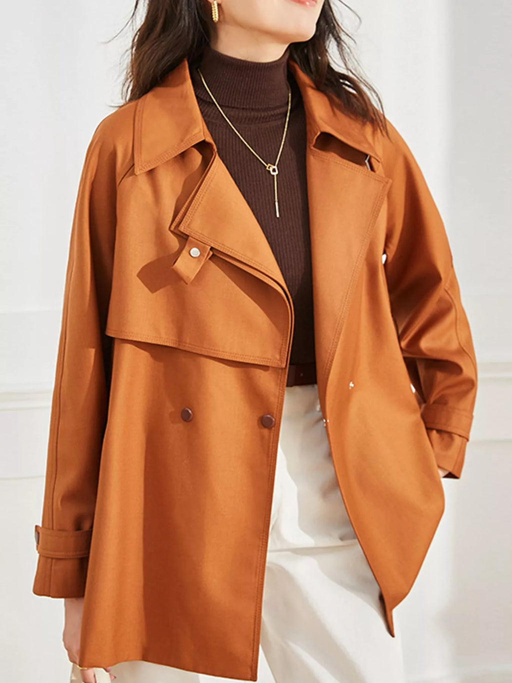 Double-Breasted Tie-Waist Short Trench Coat in Caramel by Belle Bijouix – view 2 of 20