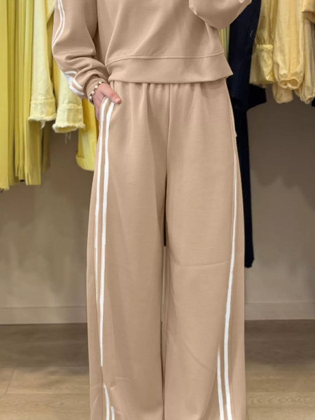 Striped Detail Crewneck Top and Elastic Sweatpants 2pc Set in beige; Belle Bijouix activewear with white side stripes
